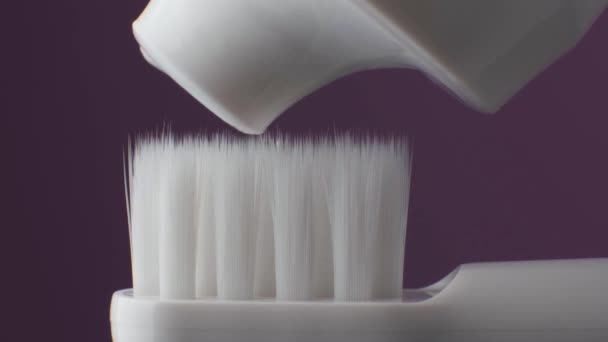 歯ブラシに適用される歯磨き粉のマクロショット. — ストック動画