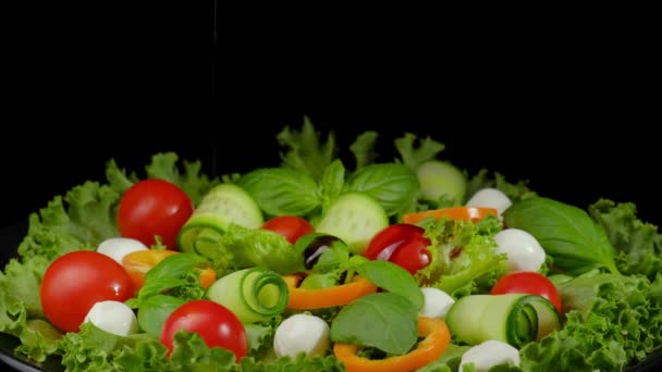 Gezonde groene salade met mozzarella, tomatenkers en groenten. — Stockvideo