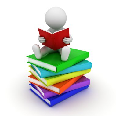 3d adam oturan ve üzerinde beyaz kitap okuma