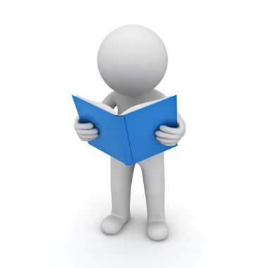 3d adam ayakta ve beyaz arka plan üzerinde mavi kitap okuma