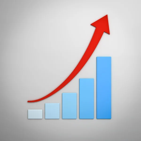 Gráfico de negocios con flecha curva ascendente roja sobre fondo de pared blanco —  Fotos de Stock