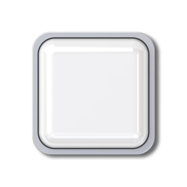 Пустая трехмерная квадратная кнопка с хромированной металлической рамкой на белом фоне с тенью — стоковое фото