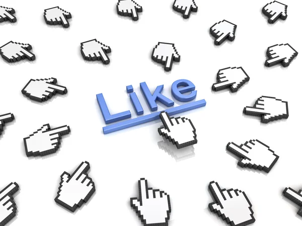 Like concept many hand cursors mouse clicking like button or link on white background with reflection — Stock Photo, Image