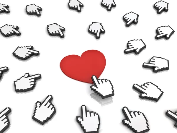 Viele Handcursoren Mausklick auf rote Herztaste oder Link isoliert auf weißem Hintergrund — Stockfoto