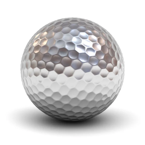 Metall-Golfball isoliert über weißem Hintergrund mit Reflexion und Schatten — Stockfoto