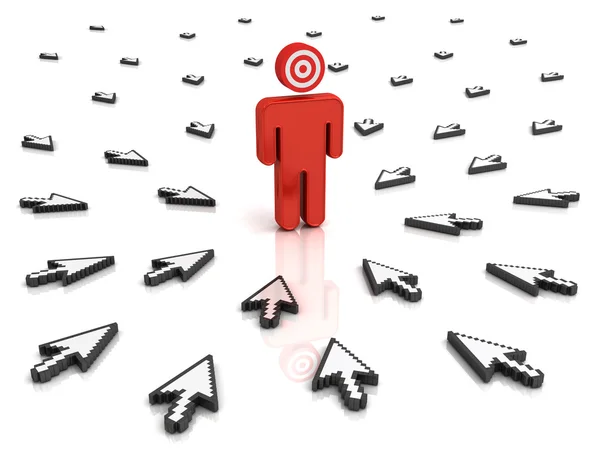 Target man with many arrow cursors aiming at him isolated over white background with reflection — Stock Photo, Image