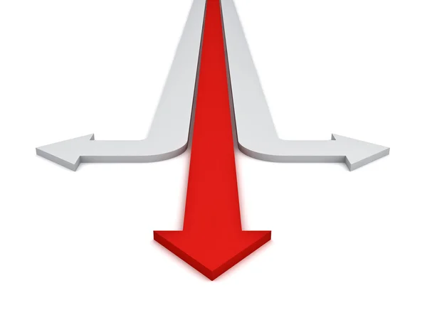 Jeden czerwony proste strzałki wskazujące trzech różnych kierunkach koncepcja na białym tle nad białym tle — Zdjęcie stockowe