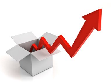 Yansıması ile beyaz arka plan üzerinde izole açılan karton kutu gelen ok grafiği