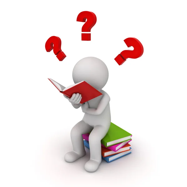 3d man sitting on a pile of books and reading with red question marks isolated over white background — Stock Photo, Image