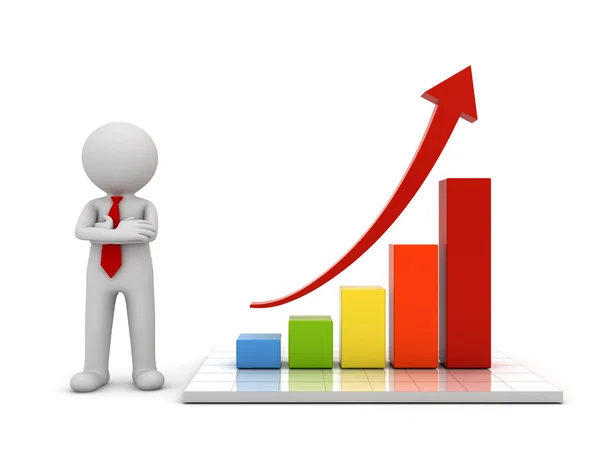 3D man ständiga och presentera tillväxt business diagram med röda stigande pilen begreppet isolerat över vit bakgrund med eftertanke — Stockfoto