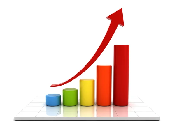 Business diagram med röd stigande pil över vit bakgrund med eftertanke — Stockfoto