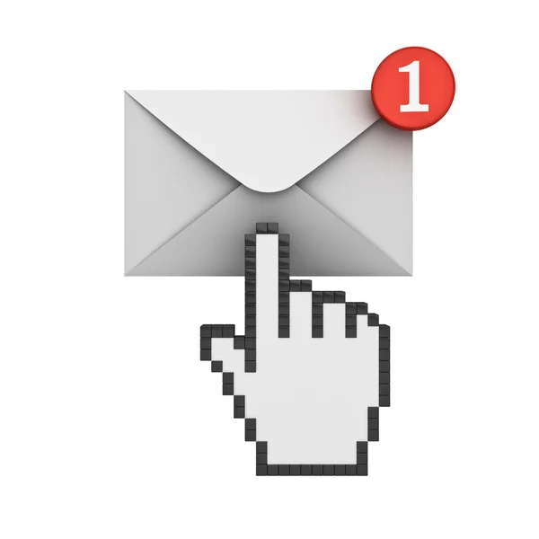 Handcursor te klikken op E mail melding een nieuw e-mailbericht in het postvak in concept geïsoleerd op een witte achtergrond met schaduw — Stockfoto