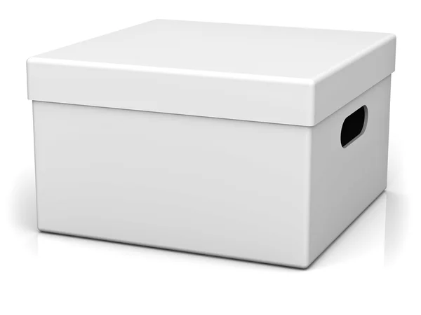 Caixa de armazenamento em branco com tampa superior isolada em fundo branco com reflexão e sombra — Fotografia de Stock