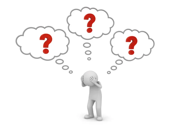 3d man standing and thinking with red question marks in thought bubbles above his head concept isolated over white background — Stock Photo, Image