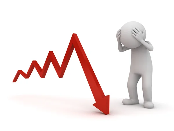 3d man headache with the arrow graph down or business problem isolated поверх белого фона — стоковое фото