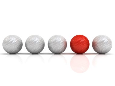 Gölge ve yansıma beyaz zemin üzerine kırmızı golf topu beyaz golf topları kalabalık konseptinden öne arasında izole