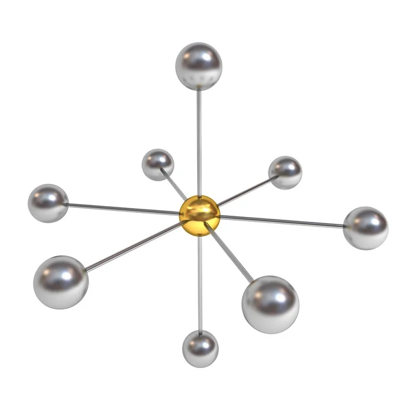 Concepto de estructura de red 3d con esfera de oro en el centro aislado sobre fondo blanco con sombra — Foto de Stock