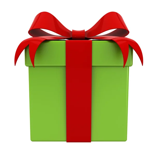 Κουτί δώρου παρόν με κόκκινη κορδέλα φιόγκο στο πράσινο κουτί για τα Χριστούγεννα — Φωτογραφία Αρχείου