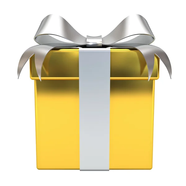 Gold-Geschenkbox mit silberner Schleife isoliert auf weißem Hintergrund — Stockfoto