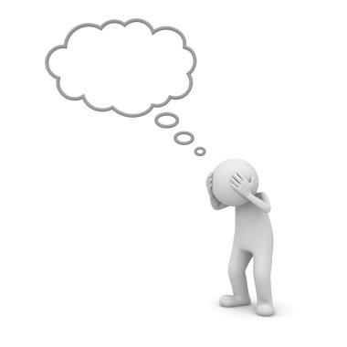 3d adam ayakta ve beyaz arka plan üzerinde izole baş konseptine yukarıda boş düşünce kabarcıkları ile düşünme