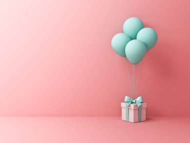 Şimdiki kutuda veya beyaz hediye kutusunda yeşil mavi pastel renkli kurdele ve açık pembe renkli pastel arka planda izole edilmiş balonlar var.