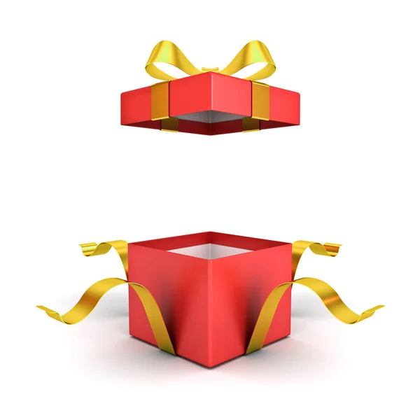 Otwarte Czerwone Pudełko Lub Pudełko Łukiem Złotej Wstążki Izolowane Białym — Zdjęcie stockowe