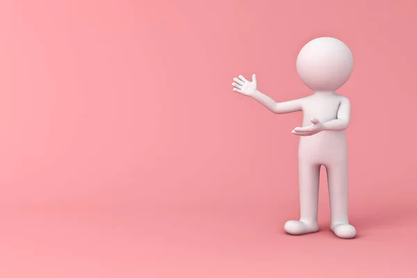Minimal 3d white man presenting your product isolated on pink pastel color background with shadow 3D rendering