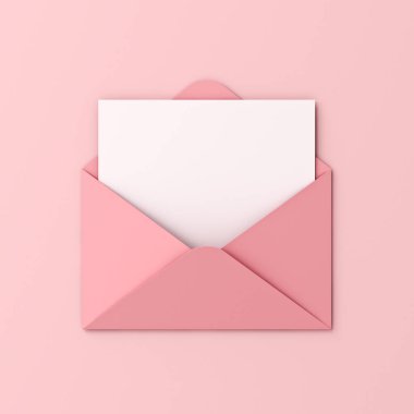 Pembe zarf içinde boş beyaz kart. Pembe pastel arka planda izole edilmiş. Gölge aşk harfi minimum kavramsal 3 boyutlu.