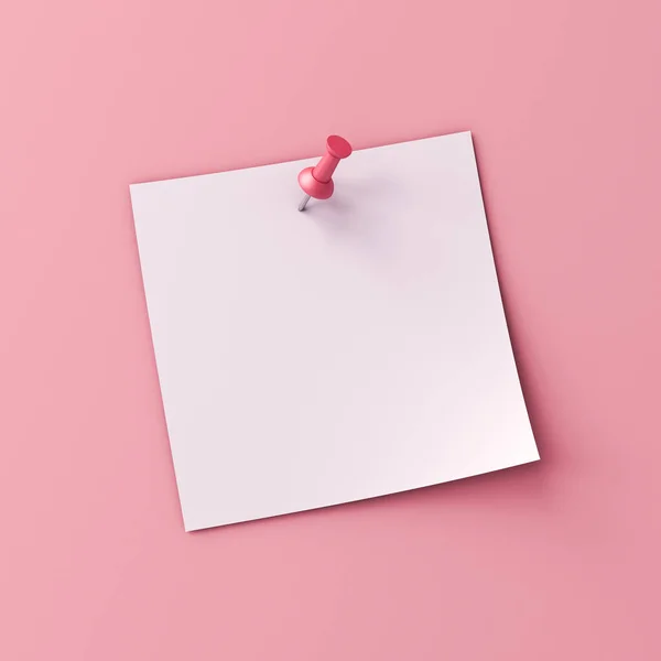 ピンクのパステルカラーの壁の背景に隔離されたピンクのプッシュピンを持つブランクホワイトノート紙最小概念的な3Dレンダリング — ストック写真