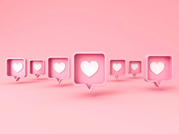 甜蜜的粉红社交媒体通知爱情就像心脏的概念孤立在粉红的彩色背景上 阴影最小的概念3D渲染 — 图库照片