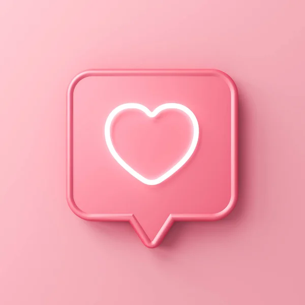 甘いソーシャルメディア通知ピンクのスピーチバブルピンピンクのパステルカラーの背景に隔離されたハートアイコンのようなネオンの愛の影最小概念的な3Dレンダリング — ストック写真