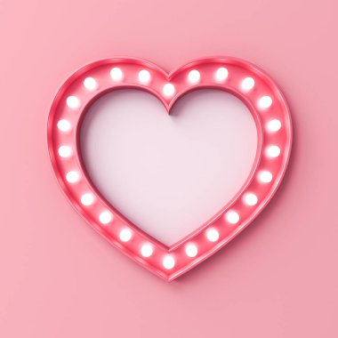 Pembe pastel renkli duvar arkaplanı üzerinde izole edilmiş parlayan ampullerle dolu boş retro aşk işareti panosu.