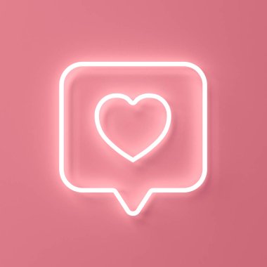 Neon sosyal medya bildirimi kalp ikonu gibi pembe pastel duvar arkaplanı üzerinde izole edilmiş konuşma baloncuğu pimi gibi gölgeli kavramsal 3D görüntüleme