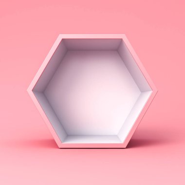Tatlı sergi kabini boş altıgen kutu standı pembe pastel renkli arka plan minimal kavramsal 3D görüntüleme