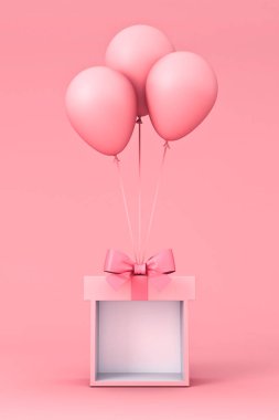 Pembe pastel renkli kurdele yayı ve pembe arka planda izole edilmiş sevimli pembe balonları olan boş ekran hediye standı.