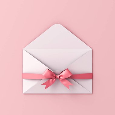 Pembe renkli arka planda izole edilmiş pembe kurdeleli boş beyaz bir zarf. Gölge hediye çeki asgari konsept 3 boyutlu.