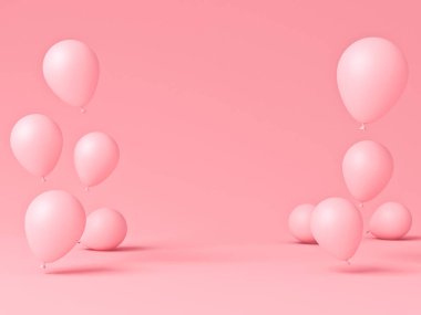 Pembe pastel renkli balonlar ve gölgeli minimalizm kavramsal 3D görüntüleme.