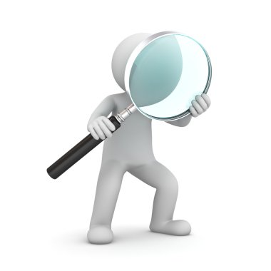 3d man standing and holding magnifying glass isolated over white