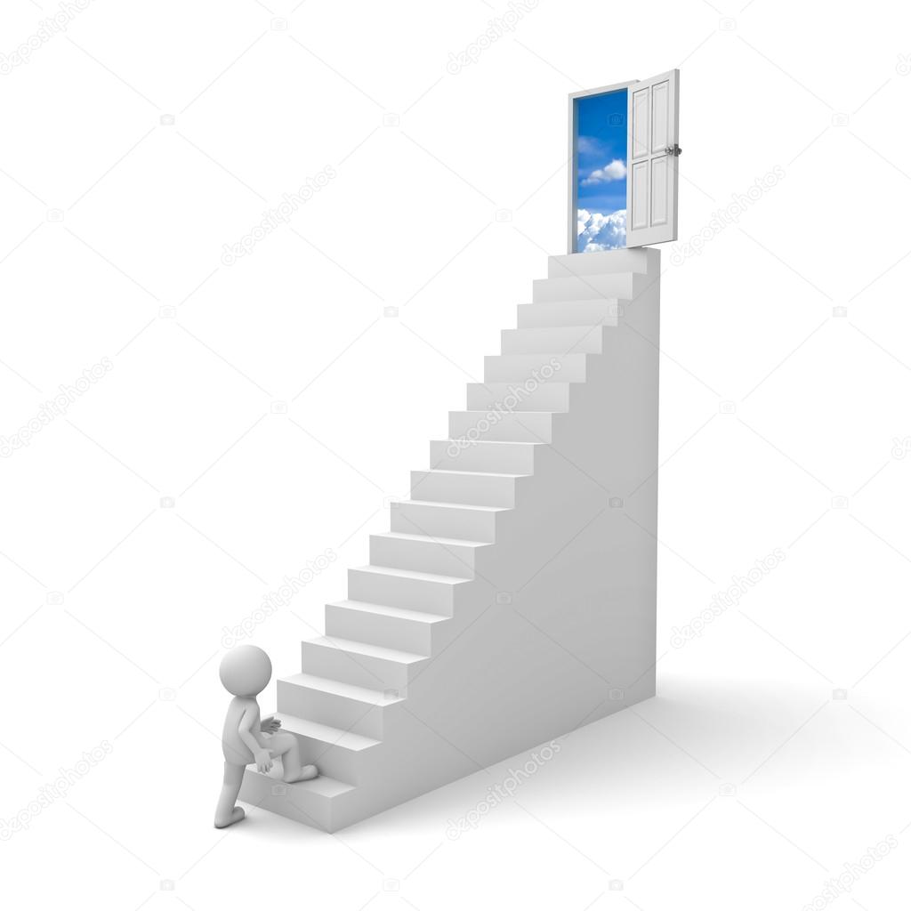 First step to success concept , 3d man stepping up to open door to the sky over white