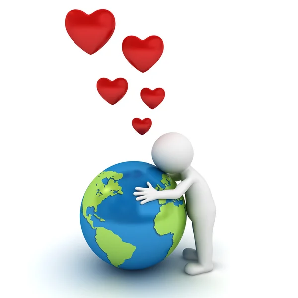 Love the earth concept 3d man hugging blue globe on white — Stock Photo, Image