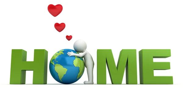 Love the earth concept 3d man hugging green globe in word home — Stock Photo, Image