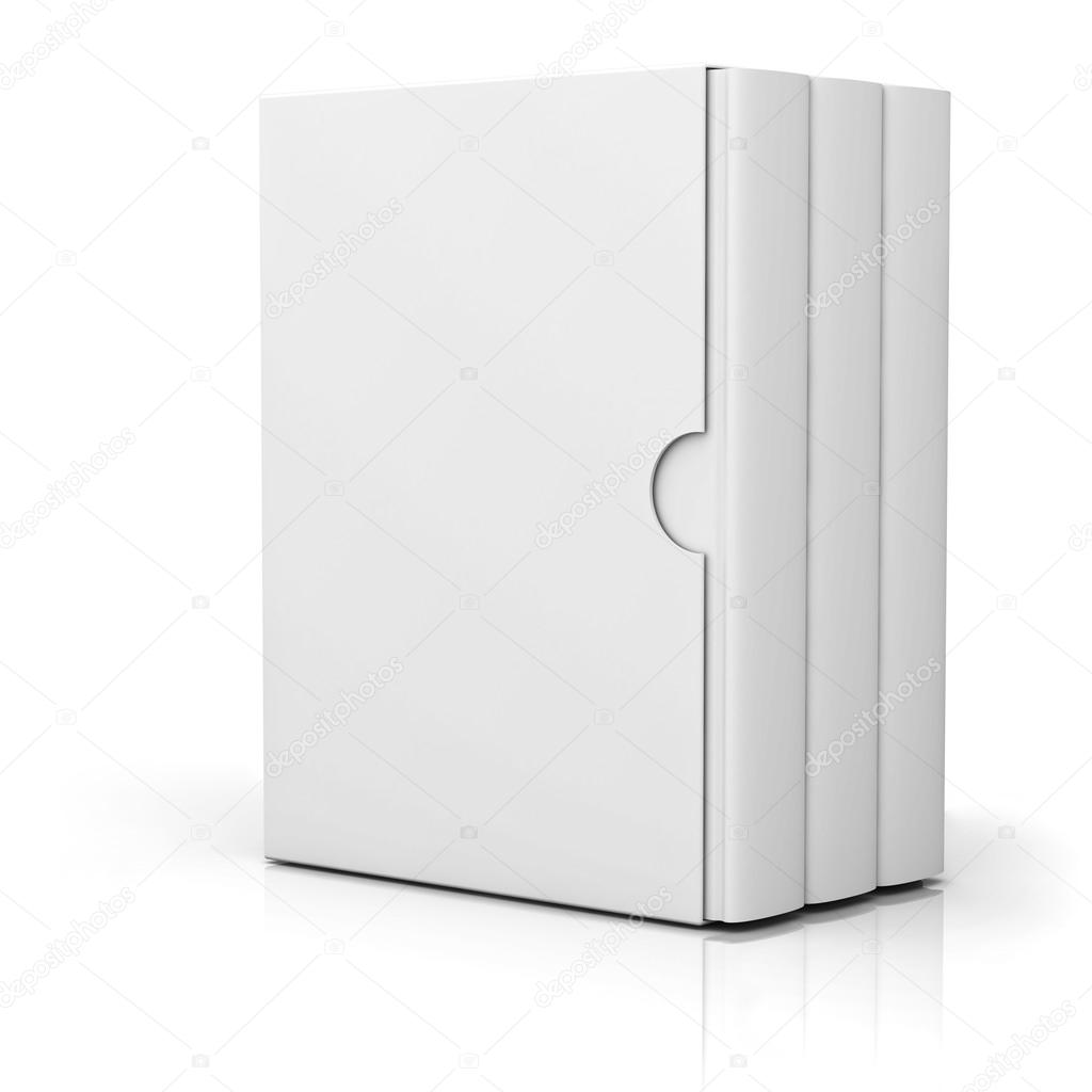 Three books with blank box cover standing isolated on white background