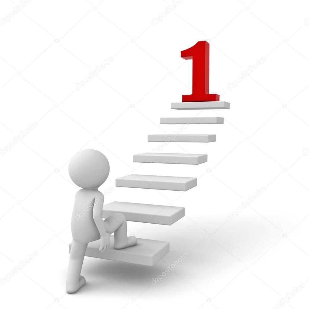 3d business man stepping up to his red number 1 goal on top of the steps over white