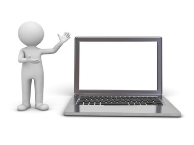 3d adam beyaz bitti izole boş laptop monitör sunulması