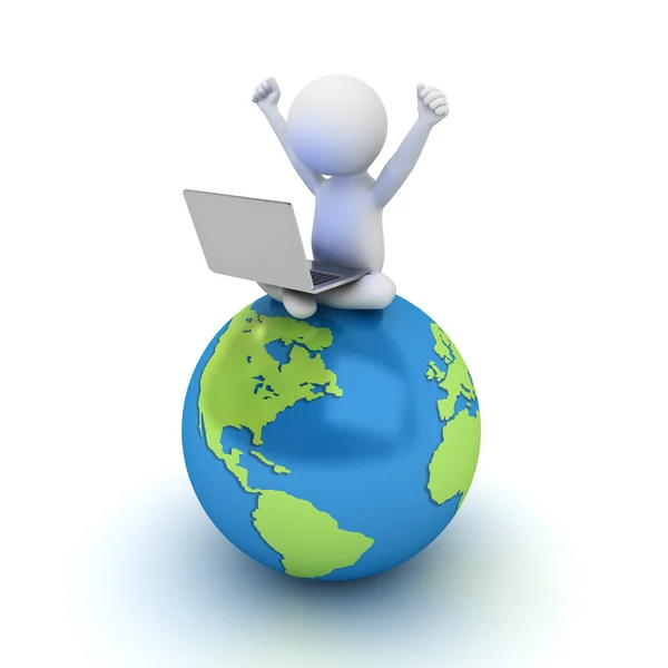 3d man sitting on blue globe map and using laptop computer isolated over white — Stock Photo, Image