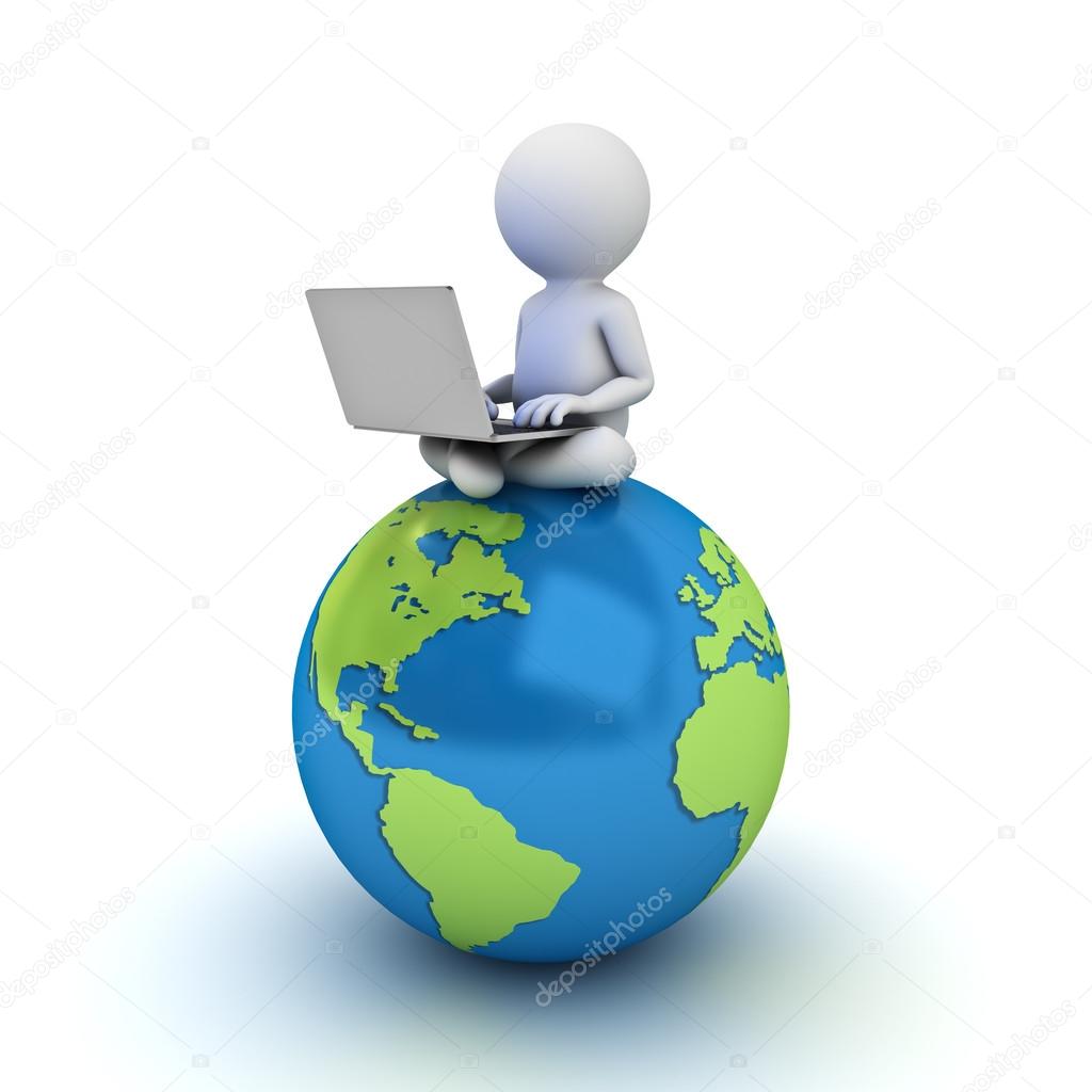 3d man sitting on blue globe map and using laptop computer