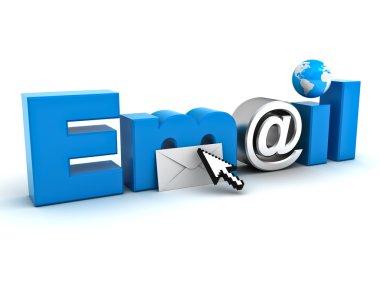 E posta kavramı, ok imleci, zarf, harita ve metal üzerinde beyaz izole işareti ile word e-posta