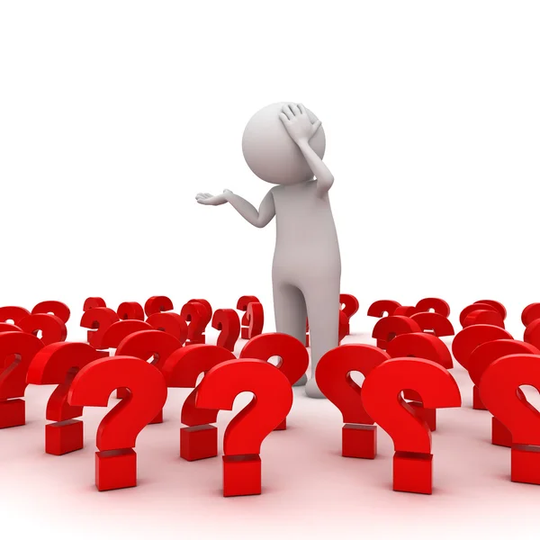 Stressed 3d man standing amongst red question marks — Stock Photo, Image