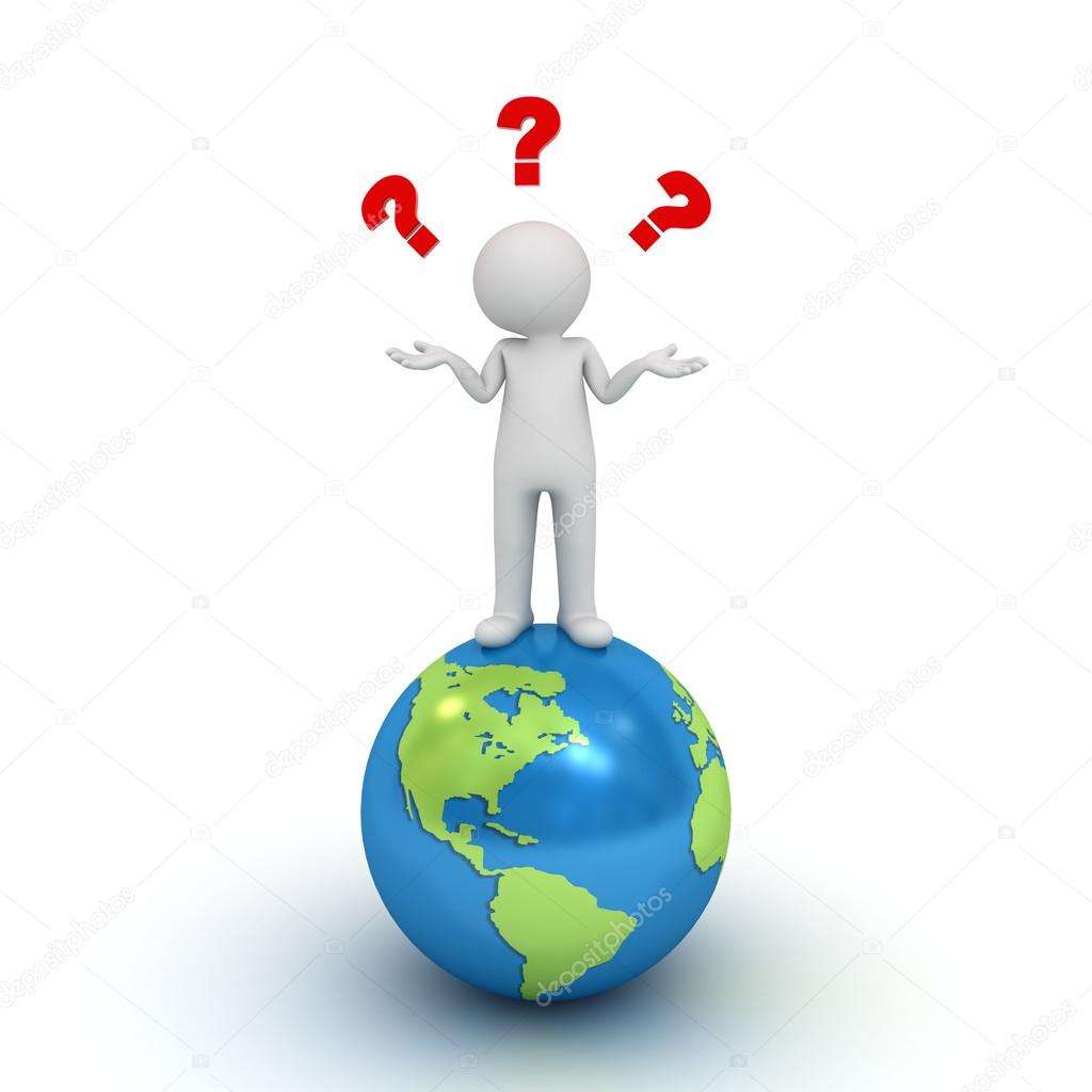 3d man standing on blue globe and having no idea with red question marks above his head