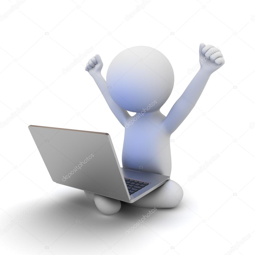 Very happy 3d man sitting on white ground with laptop ...